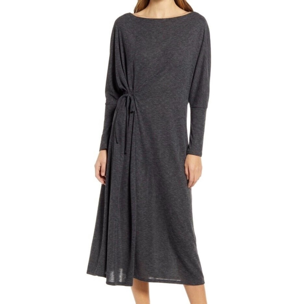 New Caslon Soft Knit Long Sleeve Side Tie Midi Dress Charcoal Grey Size Small